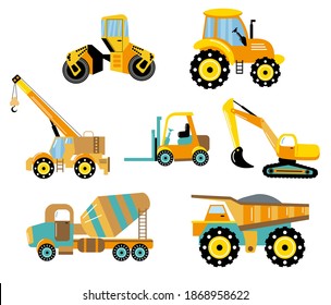 Different kind of toys heavy equipment and machinery isolated on white background. Toy cars set. Baby style. Vector illustration.