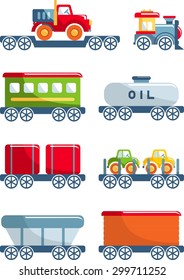 Different kind of toys railroad transportation on white background. Vector illustration