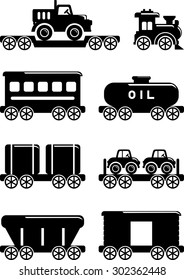 Different kind of toys railroad transportation on white background. Vector illustration