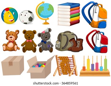Different kind of toys and stationaries illustration