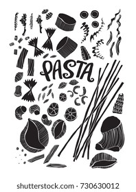 Different kind and types of pasta hand drawn vector illustration. Elements for design isolated on background. Modern playful sketch style. Farfalle, penne, gnocchi macaroni.