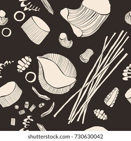 Different kind and types of pasta hand drawn vector illustration seamless pattern. Elements for design isolated on background. Modern playful sketch style. Farfalle, penne, gnocchi macaroni.