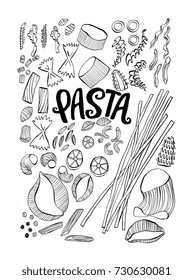 Different kind and types of pasta hand drawn vector illustration. Elements for design isolated on background. Modern playful sketch style. Farfalle, penne, gnocchi macaroni.