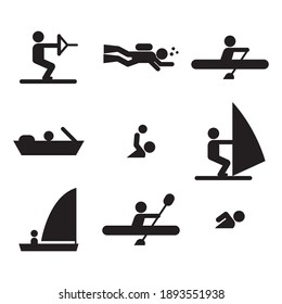 Different Kind Of Water Sports Icons. Flat Style Vector Illustration Isolated On White Background.