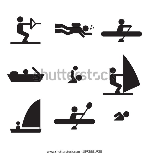 Different kind of water sports\
icons. Flat style vector illustration isolated on white\
background.