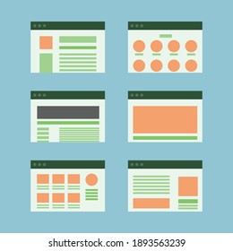 Different kind of websites portal layout vector icons. Flat style vector illustration isolated on white background.
