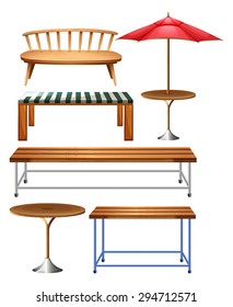 Different kind of wooden bench and chair