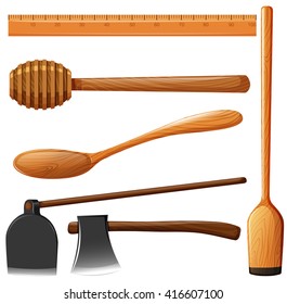 Different kind of wooden equipment illustration