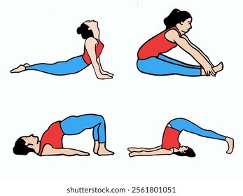 different kind of yoga poses woman cartoon illustration poster useful for gym