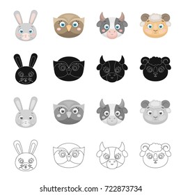 Different kinds of animals, muzzle of a hare, an owl, a cow and a sheep. Muzzle of an animal set collection icons in cartoon black monochrome outline style vector symbol stock illustration web.