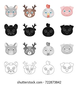 Different kinds of animals, muzzle mouse, deer, chicken, pig. Muzzle of an animal set collection icons in cartoon black monochrome outline style vector symbol stock illustration web.