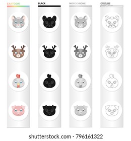 Different kinds of animals, muzzle mouse, deer, chicken, pig. Muzzle of an animal set collection icons in cartoon black monochrome outline style vector symbol stock illustration web.