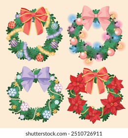 Different kinds of beautiful Christmas wreaths with ornaments Poinsettia Bow baubles Christmas Light Garland Ribbon illustration set