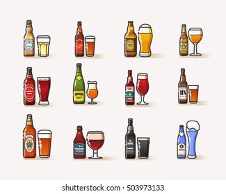 Different kinds of beer bottles and glasses