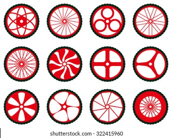 Different kinds of bike wheels. Bike wheels with tires and spokes. Bicycle icons series.