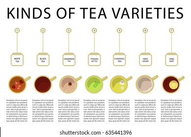 Different kinds of black, green or herbal tea top view banner. Vector illustration eps 10