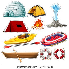 Different kinds of boats and camping things