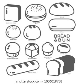 Different kinds of bread, bun and roll are illustrated as an icon on white background. 