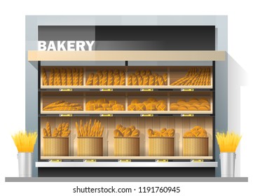 Different kinds of bread display on shelf in supermarket , vector , illustration
