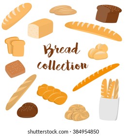 Different kinds of bread isolated on white. Flat vector collection of bakery items for print or web. 