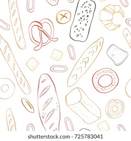 Different kinds of bread in playful trendy modern style, including loaf, pretzel, bagel, bun, baguette. Set of hand drawn bakery goods isolated on white background.