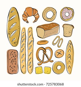 Different kinds of bread in playful trendy modern style, including loaf, pretzel, bagel, bun, baguette. Set of hand drawn bakery goods isolated on white background.