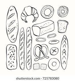 Different kinds of bread in playful trendy modern style, including loaf, pretzel, bagel, bun, baguette. Set of hand drawn bakery goods isolated on white background.