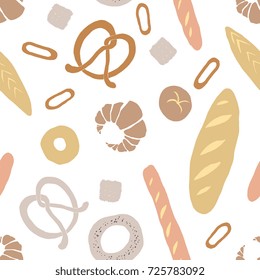 Different kinds of bread in playful trendy modern style, including loaf, pretzel, bagel, bun, baguette. Set of hand drawn bakery goods isolated on white background.