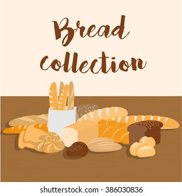 Different kinds of bread set for menu. Collection of pastry items on wooden table for print or web. Pastry shop