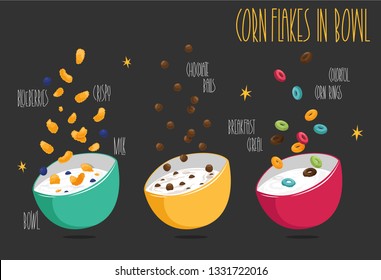 Different kinds of breakfast cereal. Corn flakes. Vector illustration