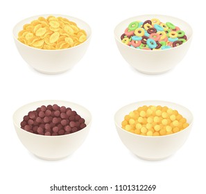 Different Kinds Of Breakfast Cereal. Cornflakes In A Bowl Isolated On White. Vector Illustration