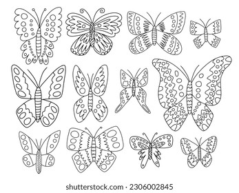 Different kinds butterflies vector hand drawn set. Black and white butterflies doodle set. Cabbage, peacock butterfly and purple emperor
