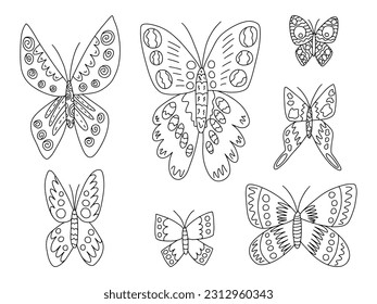 Different kinds butterflies vector hand drawn set. Black and white butterflies doodle set. Cabbage, peacock butterfly and purple emperor