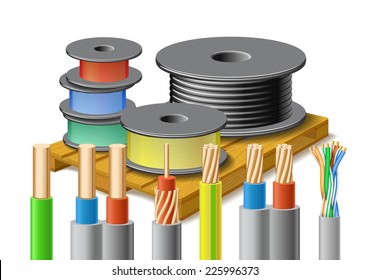 Different kinds of cables are on wooden pallet on white background.