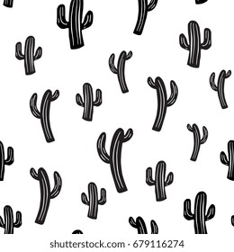 Different kinds if cacti on white background - hand drawn seamless patter, vector illustration.