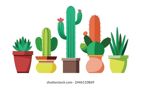 Different kinds of cactuses in pot isolated flat illustration on white background