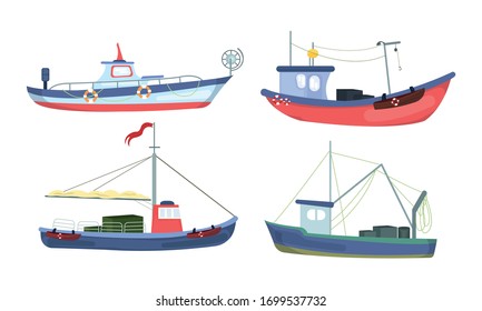 Different kinds of cargo ships over white background