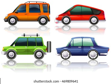 Different kinds of cars in four colors illustration