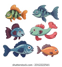 Different kinds of cartoon stylish colorful fish collection, sea life for aquarium, clip art, nursery game vector illustration
