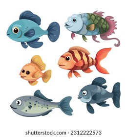 Different kinds of cartoon stylish colorful fish collection, sea life for aquarium, clip art, nursery game vector illustration