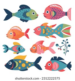 Different kinds of cartoon stylish colorful fish collection, sea life for aquarium, clip art, nursery game vector illustration