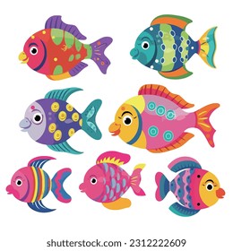 Different kinds of cartoon stylish colorful fish collection, sea life for aquarium, clip art, nursery game vector illustration