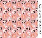 Different kinds of cat paws background. Colored kitten, puppy hand pattern. Cute pet palm, kitty, footprint, animal, forepaw, leg sign symbol. Wallpaper, seamless.