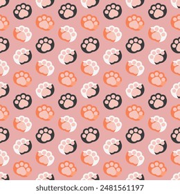 Different kinds of cat paws background. Colored kitten, puppy hand pattern. Cute pet palm, kitty, footprint, animal, forepaw, leg sign symbol. Wallpaper, seamless.