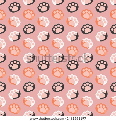 Different kinds of cat paws background. Colored kitten, puppy hand pattern. Cute pet palm, kitty, footprint, animal, forepaw, leg sign symbol. Wallpaper, seamless.