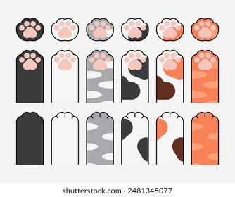 Diferentes tipos de ilustración de patas de gato. Mano de gatito levantado conjunto de iconos de Vector. Símbolo de signo de la palma de la mascota linda de la historieta. Kitty, huella, animal, garra delantera, garra trasera, pierna.