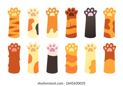 Diferentes tipos de patas de gato. Kitten mão levantou o conjunto de ícones. Cartoon bonito símbolo de palma de animal de estimação. 
