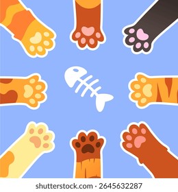 Diferentes tipos de patas de gato. Gatinho mão levantou ícone conjunto com Fishbone. Cartoon bonito símbolo de palma de animal de estimação. 