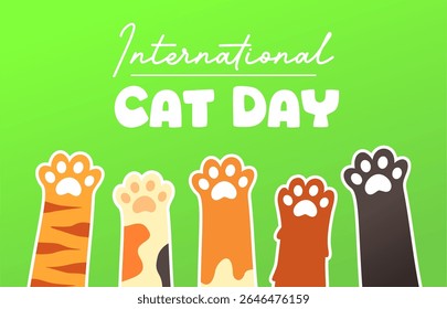 Different kinds of cat paws. Kitten hand raised up icon commemorate International Cat Day. Cartoon cute pet palm sign symbol. 