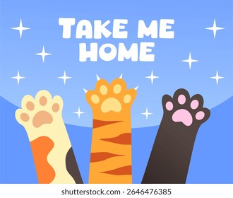 Different kinds of cat paws. Kitten hand raised up icon with the words take me home. Cartoon cute pet palm sign symbol. 